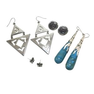 Southwest Turquoise Color Earring Set Silvertone Posts Fishhook Dangles Studs